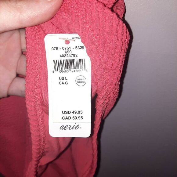 Aerie Red & Pale Pink Ribbed One Piece Swim Suit New With Tags Size Large - Picture 2 of 5